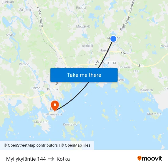 Myllykyläntie 144 to Kotka map