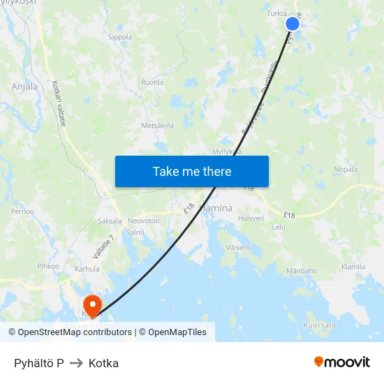 Pyhältö P to Kotka map