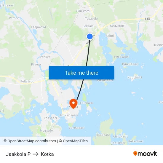 Jaakkola P to Kotka map