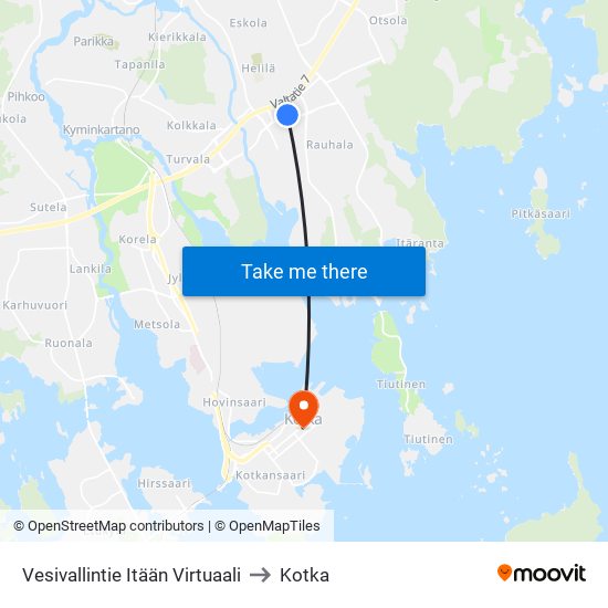 Vesivallintie Itään Virtuaali to Kotka map