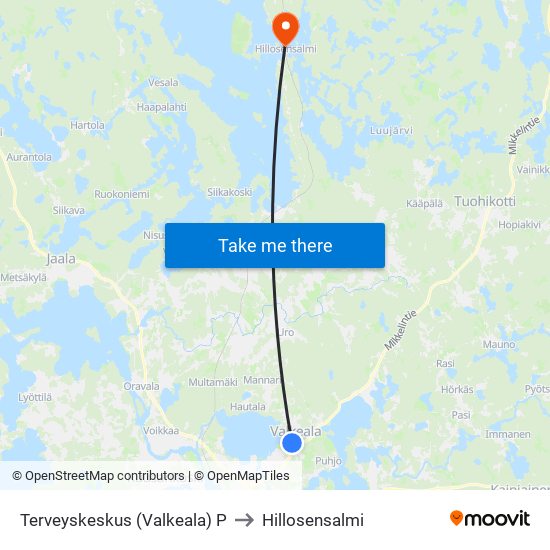 Terveyskeskus (Valkeala) P to Hillosensalmi map