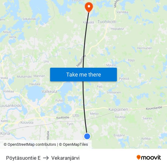 Pöytäsuontie E to Vekaranjärvi map
