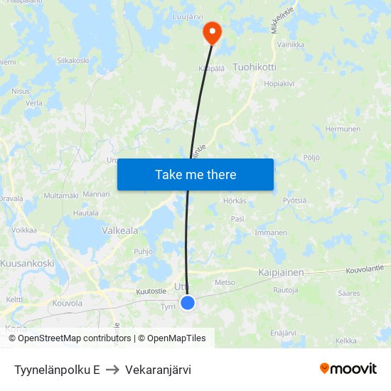 Tyynelänpolku E to Vekaranjärvi map