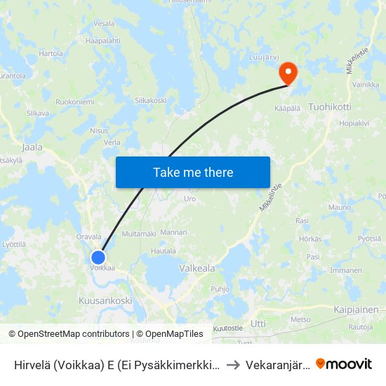 Hirvelä (Voikkaa) E (Ei Pysäkkimerkkiä) to Vekaranjärvi map