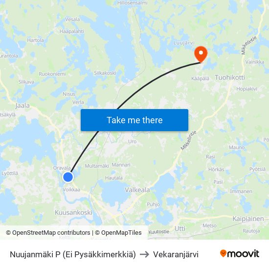 Nuujanmäki P (Ei Pysäkkimerkkiä) to Vekaranjärvi map