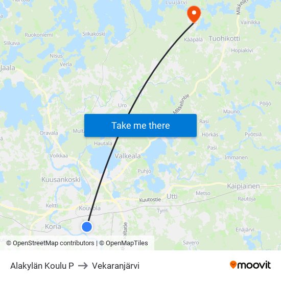 Alakylän Koulu P to Vekaranjärvi map