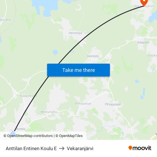 Anttilan Entinen Koulu E to Vekaranjärvi map