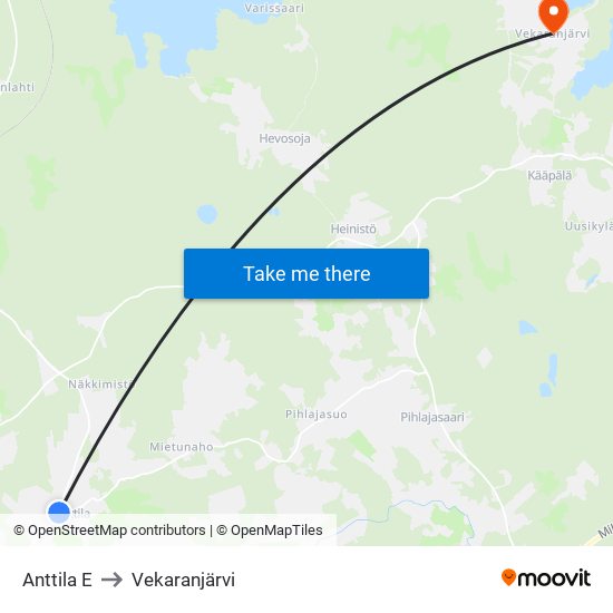 Anttila E to Vekaranjärvi map