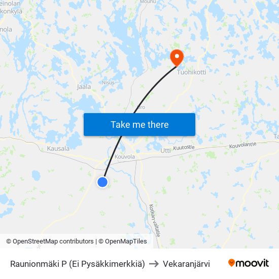 Raunionmäki P (Ei Pysäkkimerkkiä) to Vekaranjärvi map