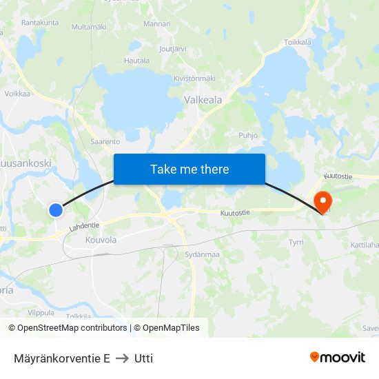 Mäyränkorventie E to Utti map