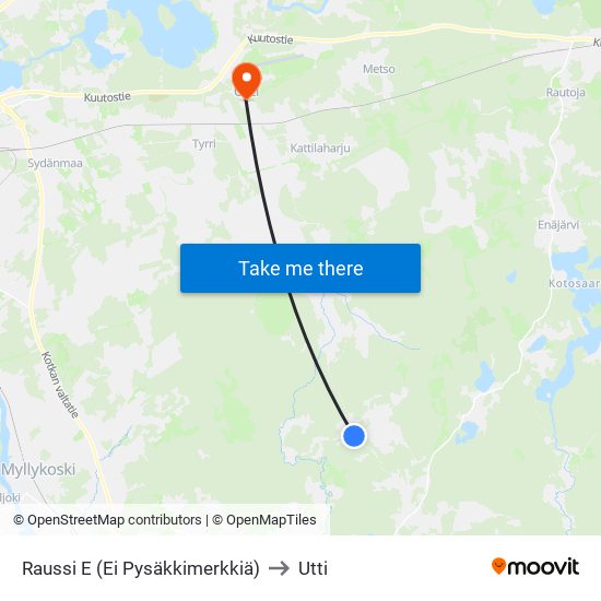 Raussi E (Ei Pysäkkimerkkiä) to Utti map