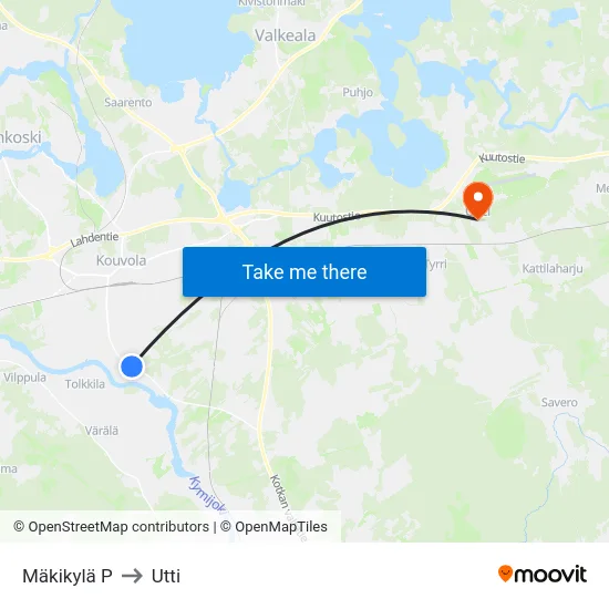 Mäkikylä P to Utti map