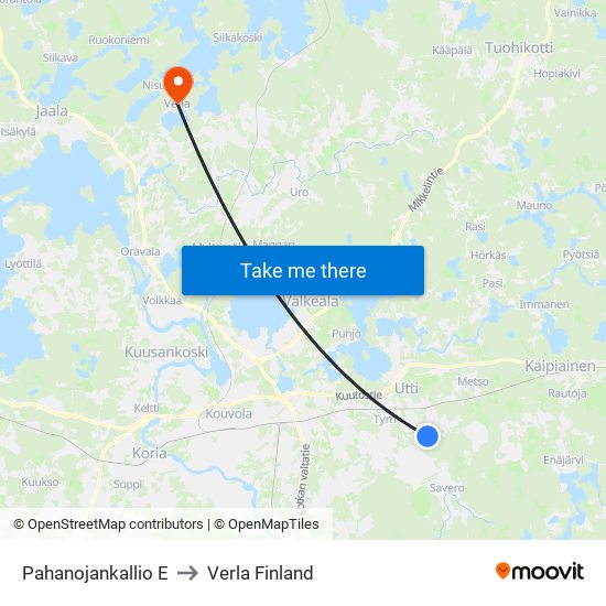 Pahanojankallio E to Verla Finland map