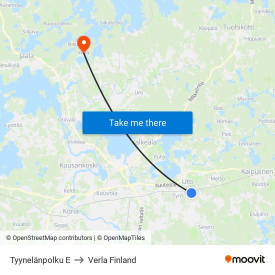 Tyynelänpolku E to Verla Finland map