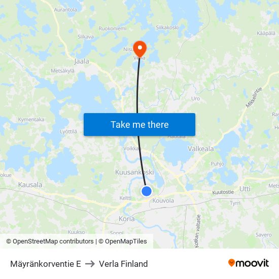 Mäyränkorventie E to Verla Finland map