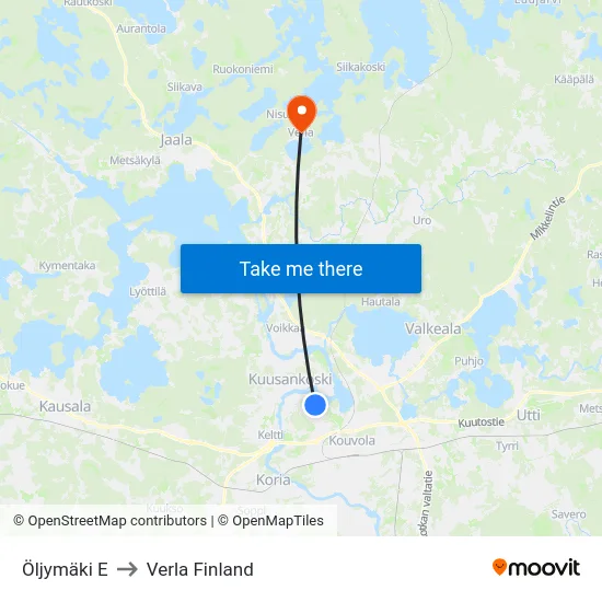 Öljymäki E to Verla Finland map