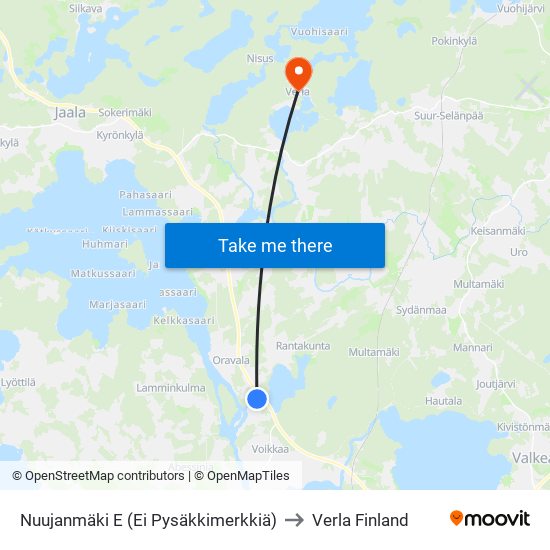 Nuujanmäki E (Ei Pysäkkimerkkiä) to Verla Finland map