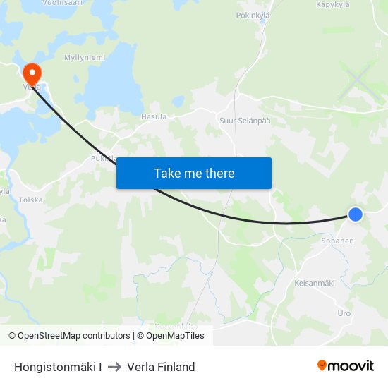 Hongistonmäki I to Verla Finland map