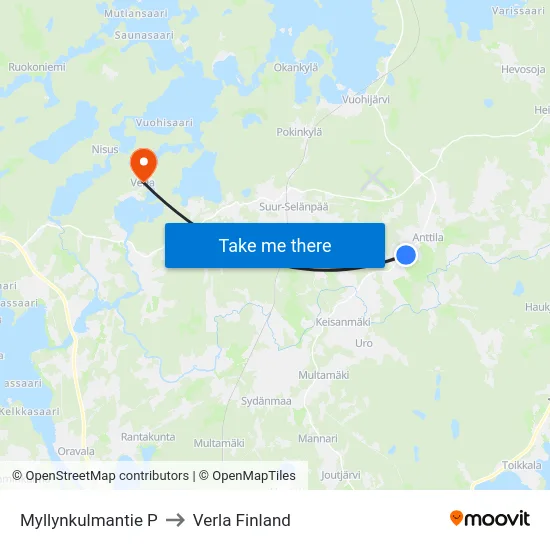 Myllynkulmantie P to Verla Finland map