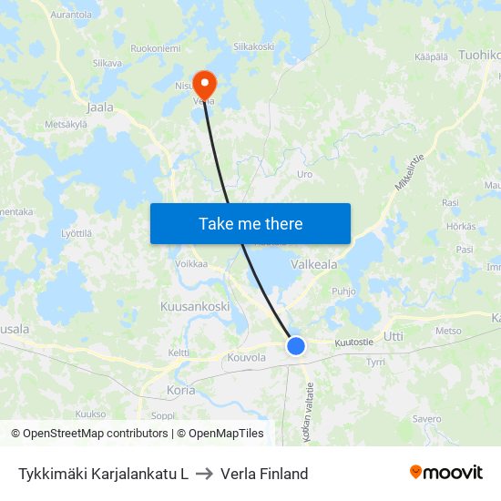 Tykkimäki Karjalankatu L to Verla Finland map