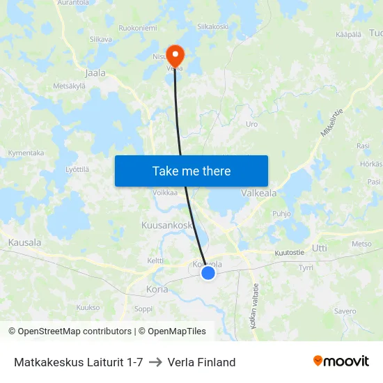 Matkakeskus Laiturit 1-7 to Verla Finland map
