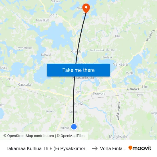 Takamaa Kulhua Th E (Ei Pysäkkimerkkiä) to Verla Finland map