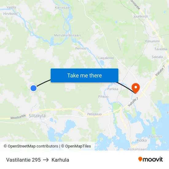 Vastilantie 295 to Karhula map