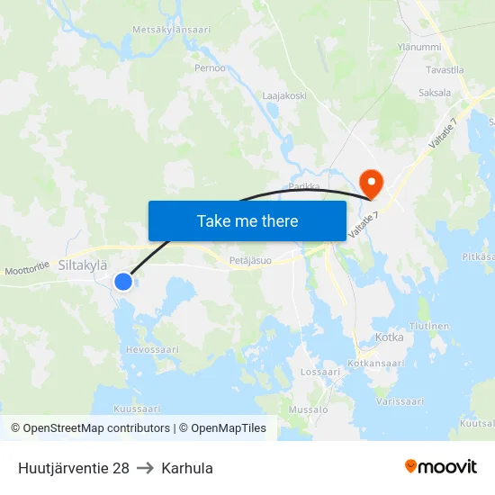 Huutjärventie 28 to Karhula map