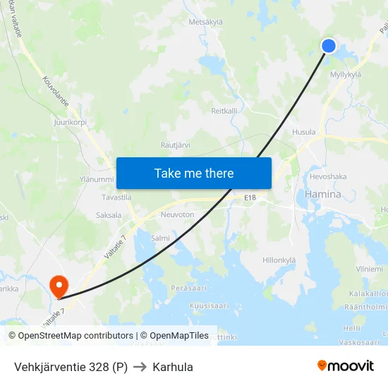 Vehkjärventie 328 (P) to Karhula map