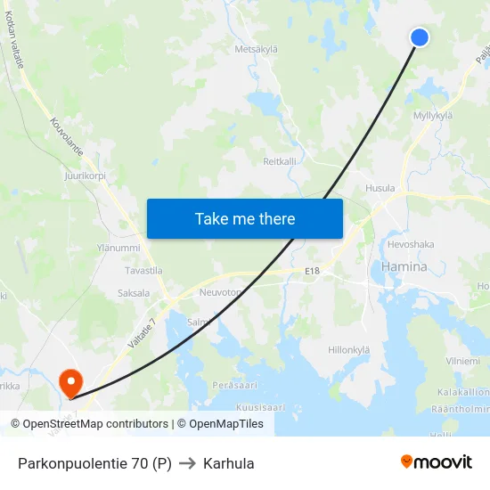 Parkonpuolentie 70 (P) to Karhula map