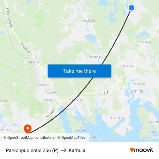Parkonpuolentie 256 (P) to Karhula map