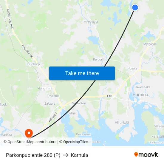 Parkonpuolentie 280 (P) to Karhula map