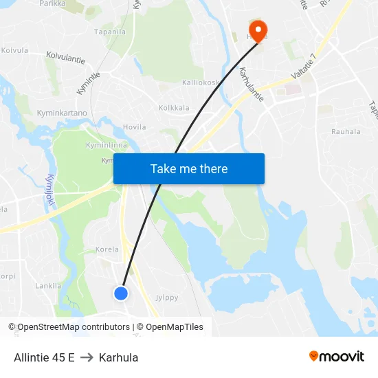 Allintie 45 E to Karhula map