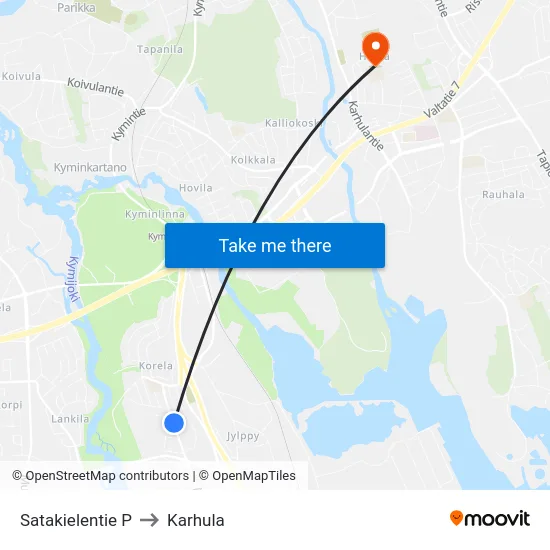 Satakielentie P to Karhula map