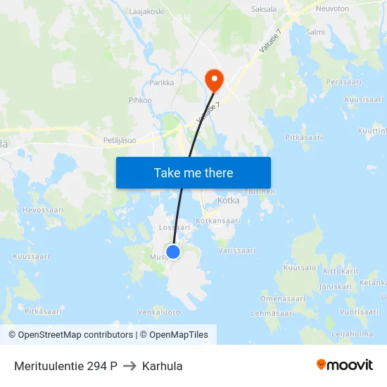 Merituulentie 294 P to Karhula map
