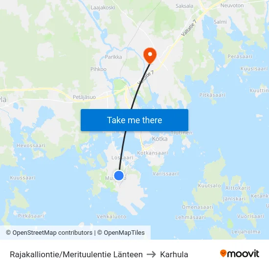 Rajakalliontie/Merituulentie Länteen to Karhula map