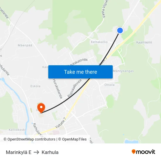 Marinkylä E to Karhula map