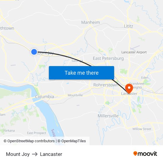 Mount Joy to Lancaster map