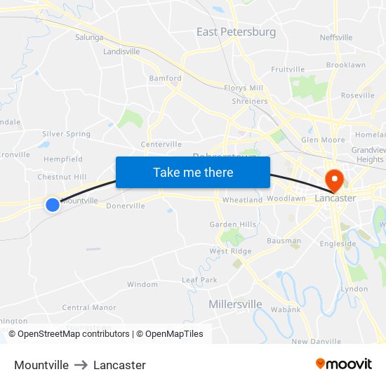 Mountville to Lancaster map