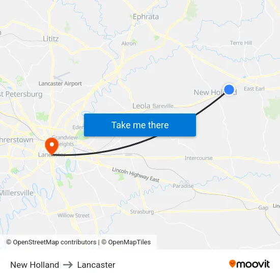 New Holland to Lancaster map