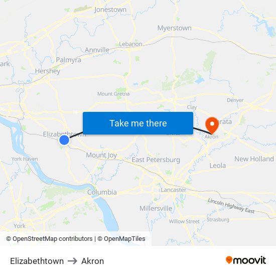 Elizabethtown to Akron map