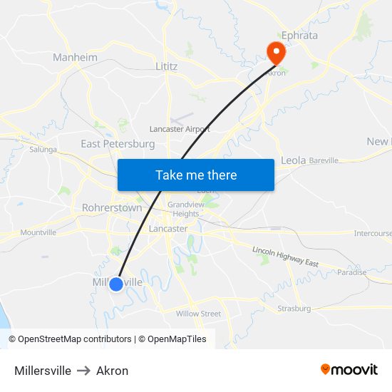 Millersville to Akron map