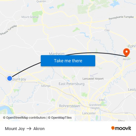 Mount Joy to Akron map