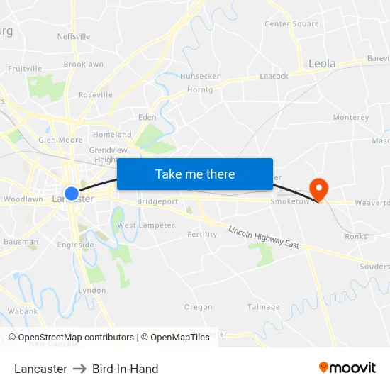 Lancaster to Bird-In-Hand map