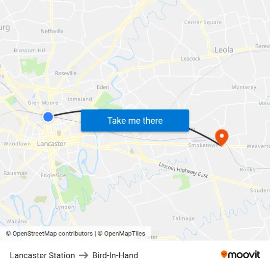Lancaster Station to Bird-In-Hand map