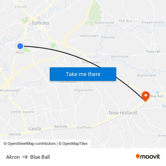 Akron to Blue Ball map