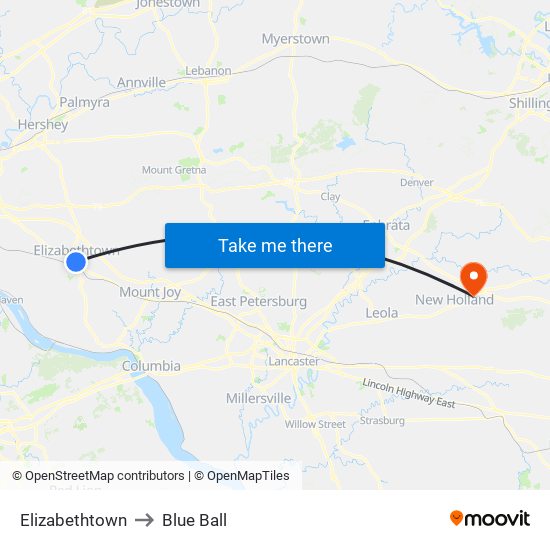 Elizabethtown to Blue Ball map