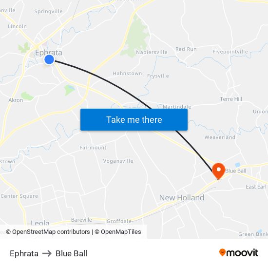 Ephrata to Blue Ball map