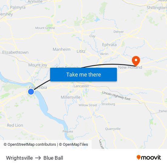 Wrightsville to Blue Ball map