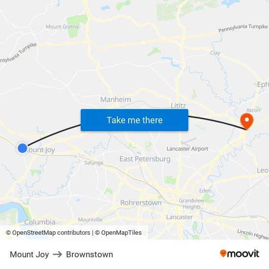 Mount Joy to Brownstown map